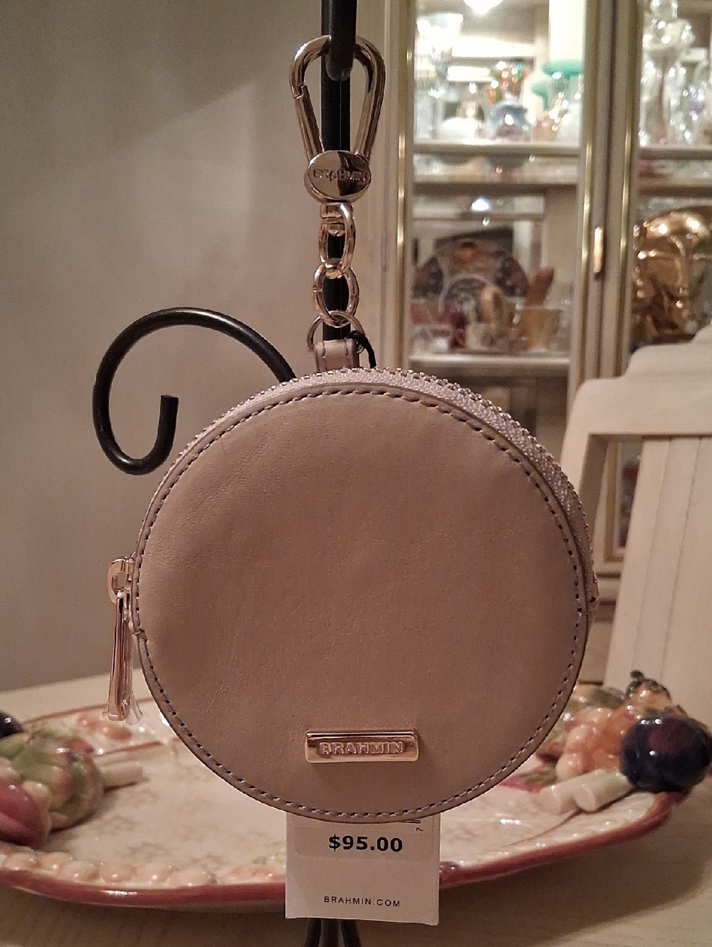 Brahmin Taupe Round Genuine Leather Coin Pouch with Key Clip. NWT.